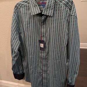 Robert Graham Teal and Black Geometric Dress Shirt With Black Details